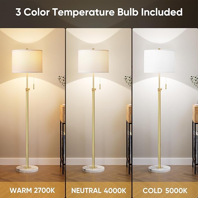 PARTPHONER Floor Lamp for Living Room, 66'' Adjustable Height Standing Lamp with Marble Base, 3-Color Tall Lamps with Pull Chain, Suitable for Bedroom, Reading, Office (Bulb Included, White Shade) - Bloomnest