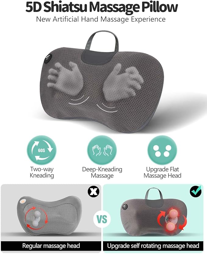 Back Massager Pillow for Pain Relief Deep Tissue - Shiatsu Kneading Neck and Shoulder Massager with Heat - Protable Electric Massage Pillow with Carry Handle - Gift for Women/Men - Bloomnest