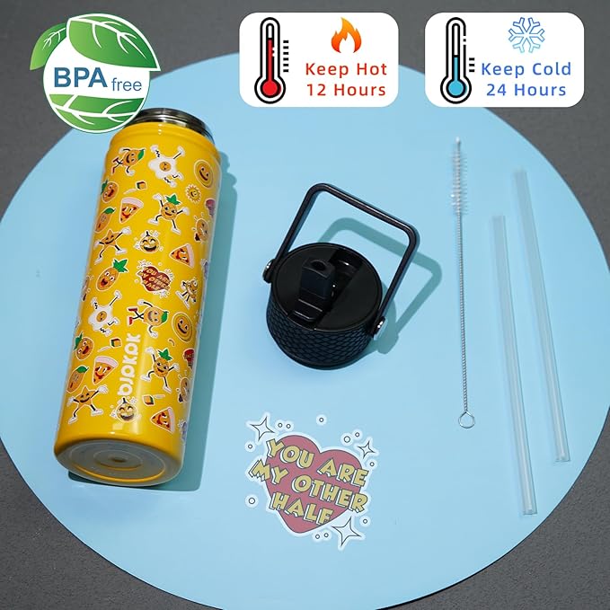 BJPKPK Insulated Water Bottle with Straw Lid, 22 oz Stainless Steel Metal Water Bottles, Reusable Leak Proof BPA Free Water Bottles, Cups, Thermo, Hawaii Fruits-Yellow - Bloomnest