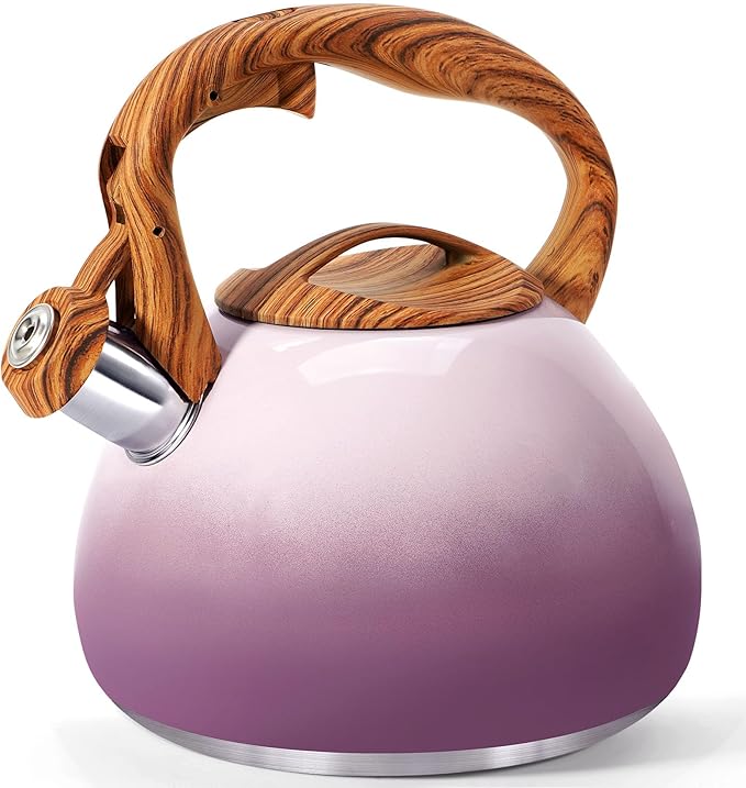 GGC Tea Kettle for Stove Top, 3.1QT/3L Whistling Tea Kettles for Boiling Water Coffee or Milk, Purple Tea Pot with Wood Parttern Handle, Stainless Steel Tea Pot for Home and Kitchen - Bloomnest