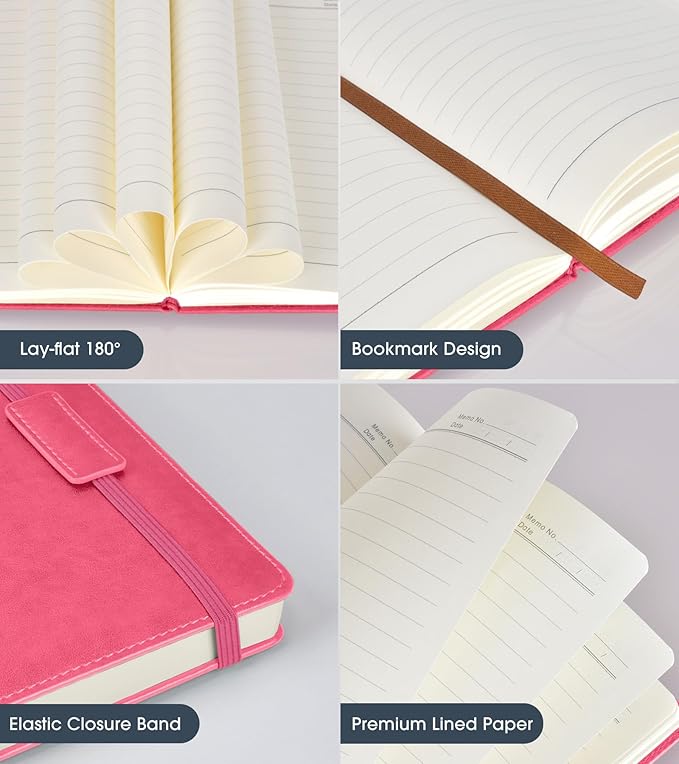 Lined Journal Notebook for Women Men,256 Pages A5 Hardcover Leather Journals for Writing,Travel,Business,Work & School,College Ruled Notebooks for Note Taking,Diary Notepad 5.7"×8.3"(pink) - Bloomnest