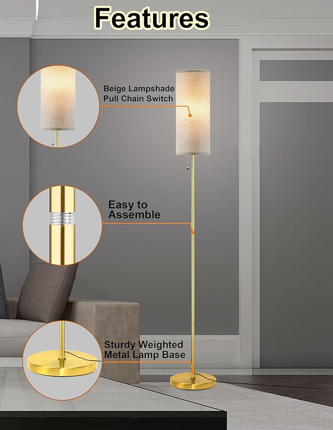 Modern Floor Lamp for Living Room, Gold Standing Lamps with 3 Color Temperatures Bulb, Minimalist Tall Lamp with Chain Switch for Bedroom, LED Bulb Included(Beige Shade+Gold) - Bloomnest