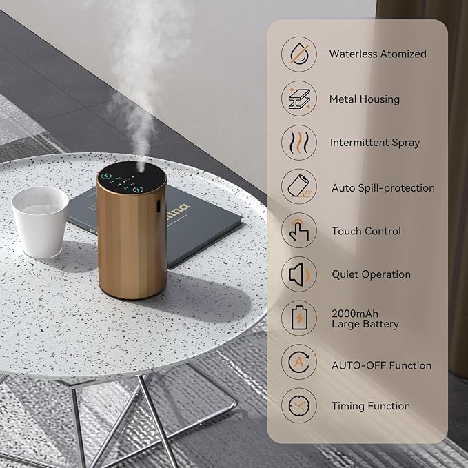 Waterless Essential Oil Diffuser Aromatherapy Scent Diffusers for Home Large Room, Bedroom, Car, Office, Desk, Battery Operated Mini Portable Air Freshener (Golden) - Bloomnest
