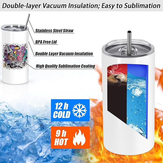12 Oz Sublimation Tumblers Blanks Bulk, Double Wall Insulated Sublimation Mugs with Straw and Brush, Individually Boxed (24 Pack) - Bloomnest