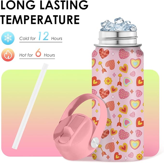 Heart Gifts for Kids - 16 Oz Kids Water Bottle with Straw Lid, Stainless Steel Insulated Tumbler, Leak Proof, BPA-Free, for Girls, School, Travel - Heart Pattern Children Birthday Gifts Cups(1pc) - Bloomnest