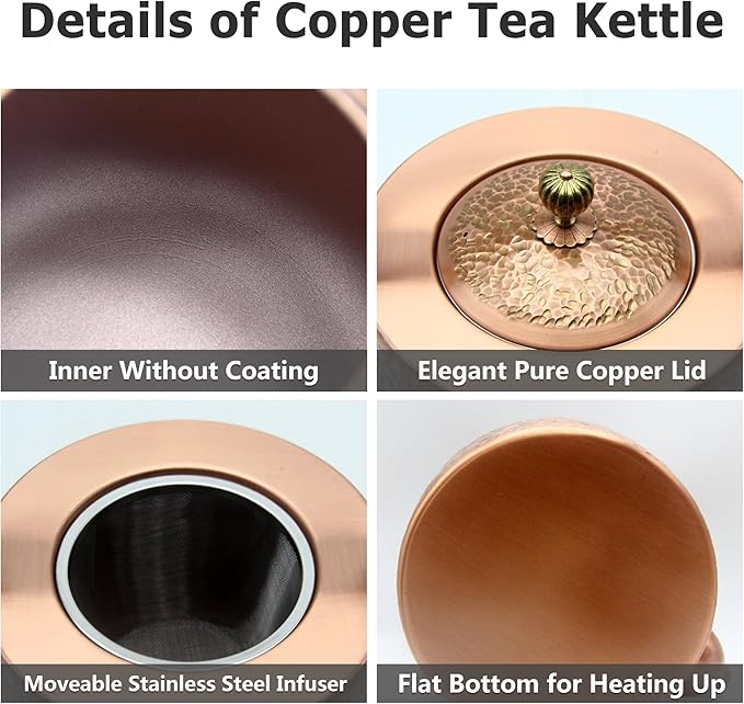 67.6oz Copper Teapot, Tea Kettle For Stovetop Safe, Classic Non-Coating Pure Copper Tea Set with Stainless Steel Tea Ball For Loose Leaf, Large and Solid Tea Pot For 4-6 Cups (2000ml) - Bloomnest
