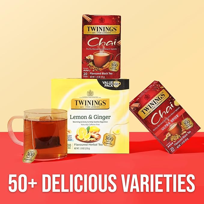 Twinings Chai Black Tea Individually Wrapped Bags, 20 Count (Pack of 6), Sweet, Savoury Spices, Caffeinated, Enjoy Hot or Iced, 120 Teabags - Bloomnest