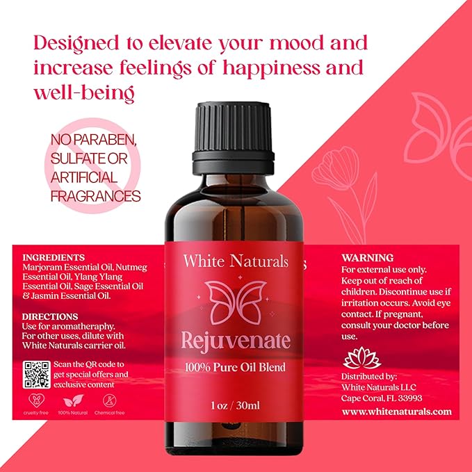 White Naturals Rejuvenating Essential Oil Blend – Energizing Aromatherapy Oil for Skin and Mind, 100% Pure & Natural Essential Oils for Relaxation, Focus & Mood Boost, 1oz - Bloomnest