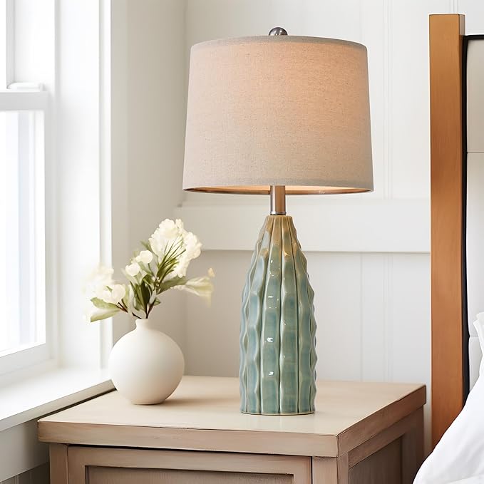 Ceramic Table Lamps Set of 2, 23.75" Modern Farmhouse Bedside Lamp - Green Nightstand Lamps for Bedroom, Boho Living Room End Tables, Small Office Desk Lamp Decor - Bloomnest