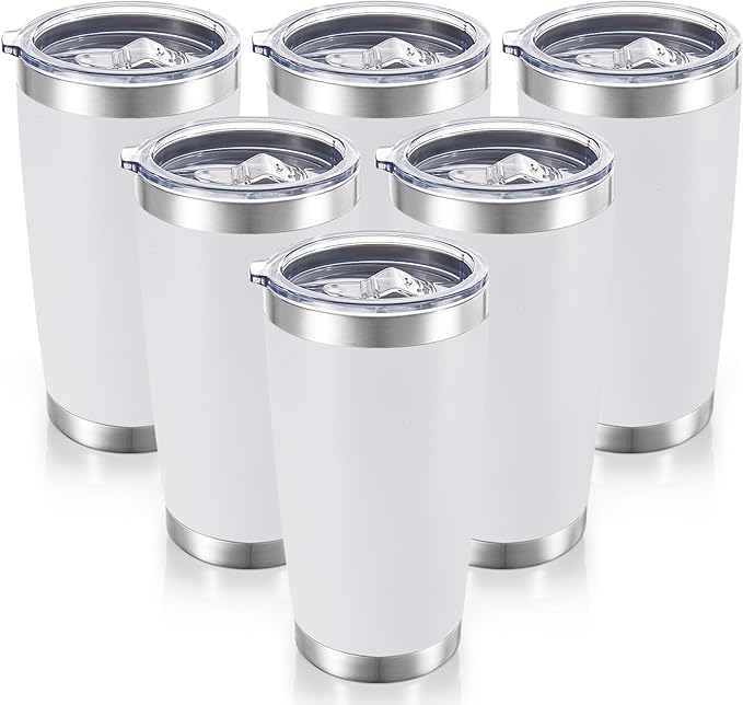 20 oz Tumblers Bulk Stainless Steel Tumbler with Lid Double Wall Vacuum Insulated Coffee Mug 20oz Powder Coated Cup for Hot and Cold Drinks, White, 6 pack - Bloomnest