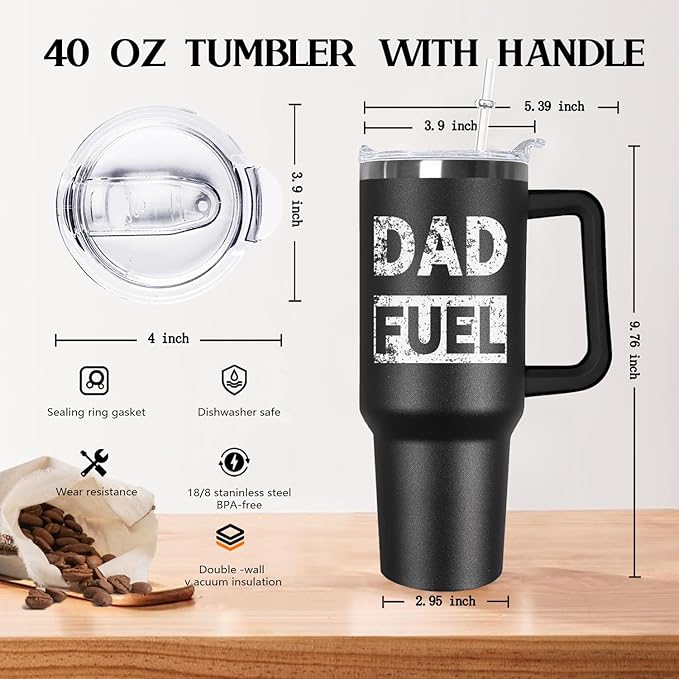 Ceovfoi 40 oz Dad Fuel Tumbler with Handle Lid and Straw,Black Dad Stainless Steel Cups Mug water Botter,Fathers Day Gift For Dad from Gaughter - Bloomnest
