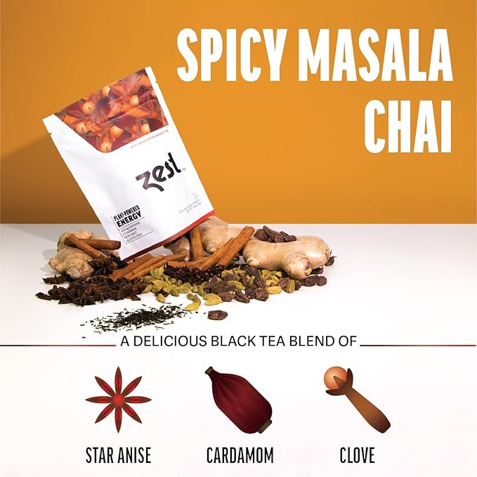 Zest 150mg High Caffeine Energy Leaf Blend - Spicy Masala Chai Black Tea - 20 Pack Bag - All Natural Strong Flavored Healthy Coffee Alternative Highly Caffeinated Substitute - Perfect for Keto Diet - Bloomnest