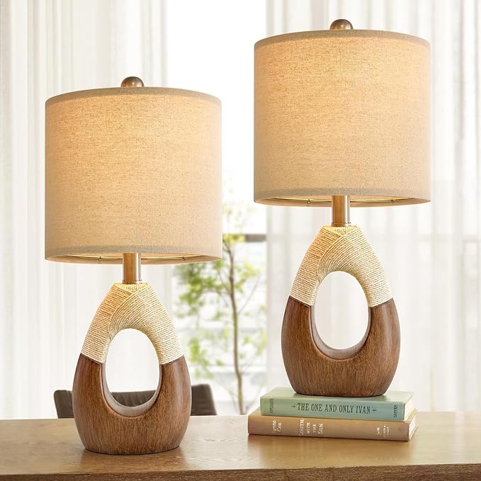 OYEARS Boho Table Lamps Bedroom Living Room Set 2,Suitable for Small Space,Farmhouse RattanTable Lamp 19”Rustic Egg Design Resin Light Decoration,Nightstand Bedside Lamps for Office Study Rest - Bloomnest