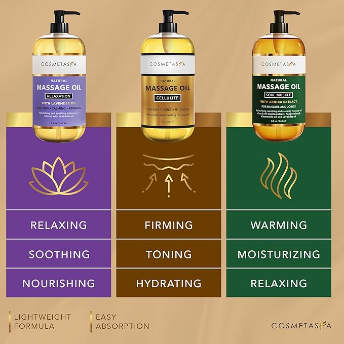 Cosmetasa Massage Oil Set - Arnica & Peppermint Sore Muscle Relief, Cellulite & Lavender Body Massage Oils - Gua Sha Therapy - Bloomnest