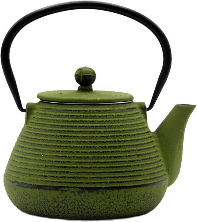 20.3oz Small Cast Iron Teapot, SECHUDO Cast Iron Tea Kettle for Stovetop Safe Coated with Enameled Interior, Iron Tea Pot with Stainless Steel Infuser for Loose Tea (Green Pinstripe Pattern) - Bloomnest