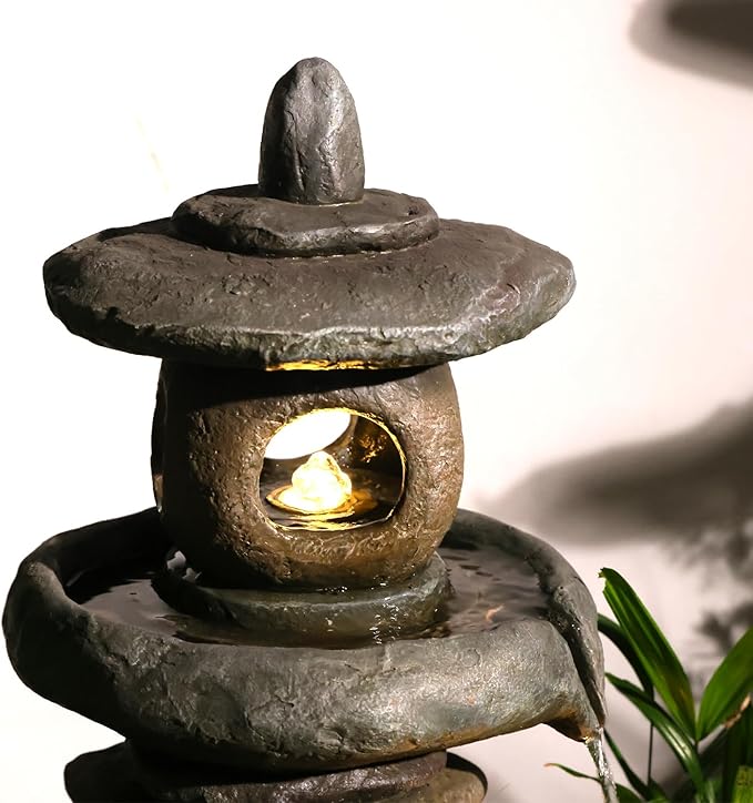 28" H Imitation Rock Pagoda Design Outdoor&Indoor Cascading Water Fountain, Natural Zen Decor Waterfall with LED Lights - Suitable for Garden/Patio/Yard/Deck/Balcony and Home Art Decor （Resin） - Bloomnest