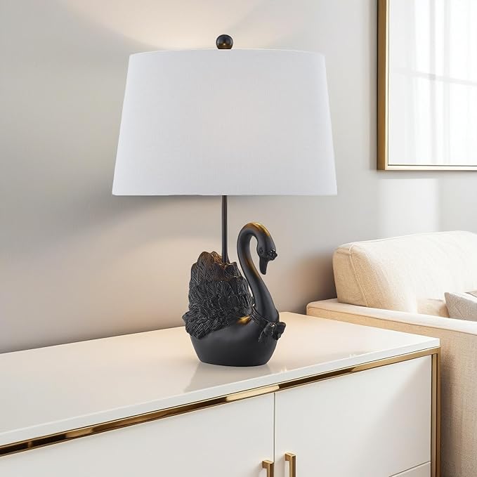Crestview Collection Bird Table Lamp, 24" Matte Black Swan Resin Table Lamp with Linen Shade, Modern Animal Lamp for Nightstand,End Table or Entryway, Art Home Decor for Bedroom,Living Room or Hallway - Bloomnest