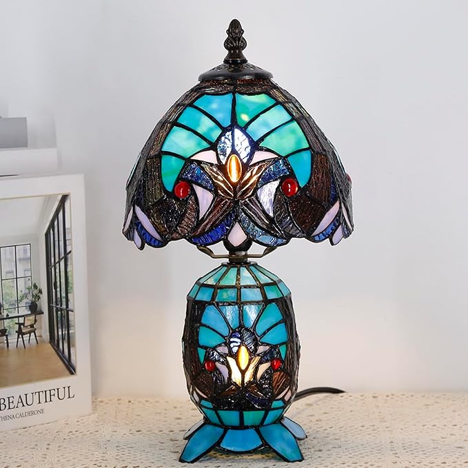 Small Tiffany Lamp Stained Glass Table Lamp Mini Mother Daughter Vase Desk Accent Light for Bedroom Bedside Reading Home Antique Style Decor 8X14 Inches (Green) - Bloomnest