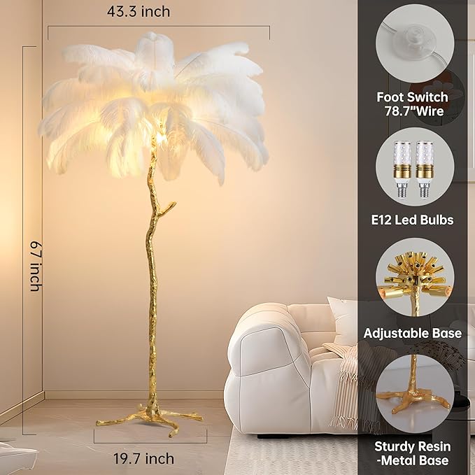 MAYOLA Luxury Resin Ostrich Feather Lamp, 35 Pieces Real Ostrich Feathers,Floor Lamp,for Living Room, Bedroom and Office 67” Tall Feather Lamp(White, Floor Lamp) - Bloomnest