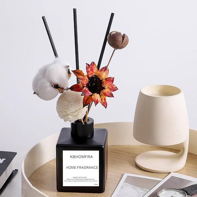 Reed Diffuser Set with Dried Flowers, Jasmine Gardenia Sandalwood Scent, Black Glass Bottle, 5.07fl oz, Aromatherapy Home Fragrance for Bedroom Bathroom (Sandalwood) - Bloomnest
