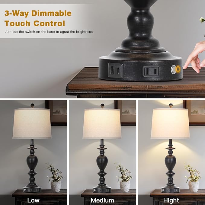 28" Black Farmhouse Table Lamps Set of 2 with USB C+A Ports & AC Outlet for Vintage Living Room Rustic Bedroom,3-Way Dimmable Touch Lamp Retro Resin Bedside Lamps for Nightstand Side Table - Bloomnest