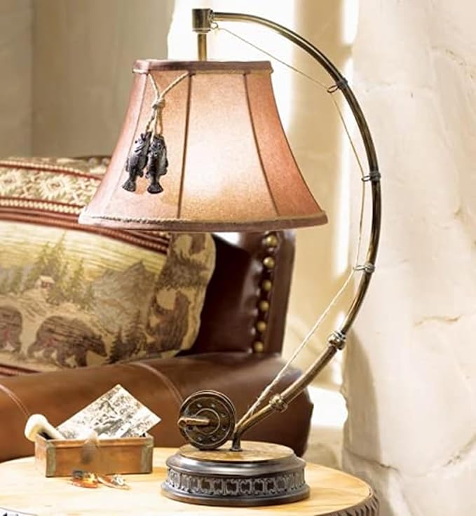 BLACK FOREST DECOR - Fishing Reel Table Lamp with Faux Moleskin Shade - Perfect Cabin & Lodge Decor - 28" x 15" x 13" - Bloomnest