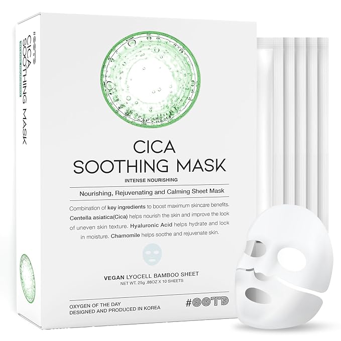 #OOTD Cica Calming Mask for Face Sensitive Irritated Skin, Soothing, Moisturizing, Korean Anti Aging Face Mask, Eve Vegan, Chamomile, Hyaluronic Acid 10EA - Bloomnest