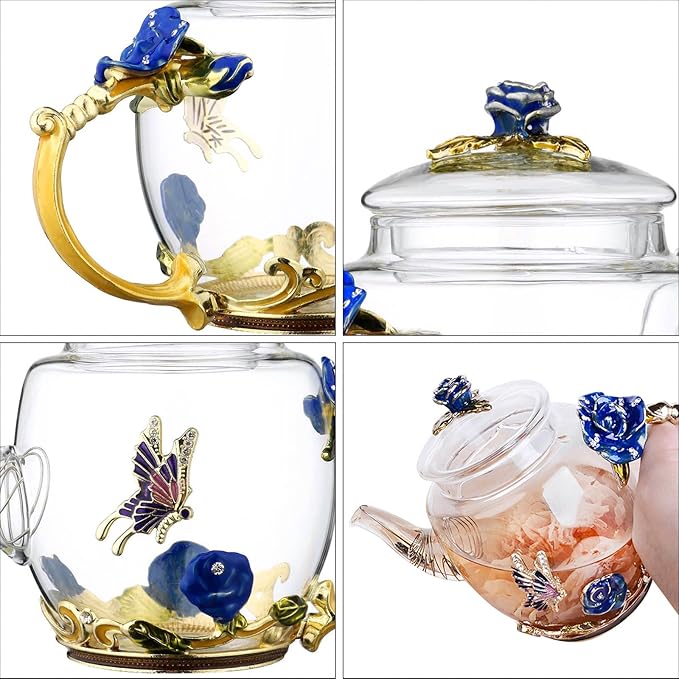 Glass Teapot -300 ml (10 oz) - Blue Rose Flower Butterfly Decoration Heat Resistant Glass Teapot Kettle Loose Leaf Teapot Tea Party Set (Blue) - Bloomnest