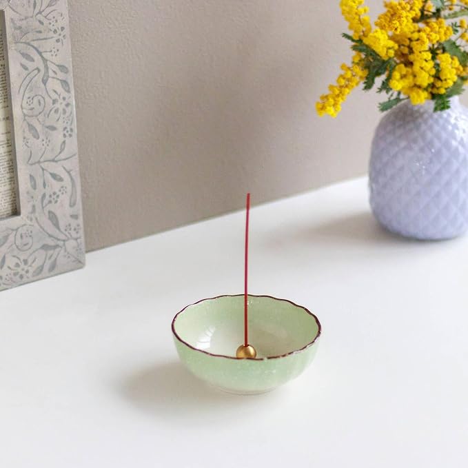 Asayu Japanese Lotus Incense Holder for Sticks 4.1 inch (105mm), Traditional Made in Japan Ceramic Ash Catcher and Brass Incense Burner Set - Light Green - Bloomnest