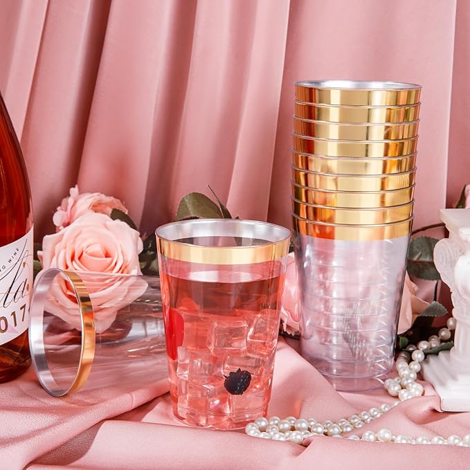 I00000 50 Pack 12 oz Gold Plastic Cups, Gold Rimmed Disposable Cups, Disposable Plastic Wine Glasses Cocktail Glasses Heavy Duty Cup with Golden Rim, 12 Ounce Tumblers for Party & Wedding - Bloomnest
