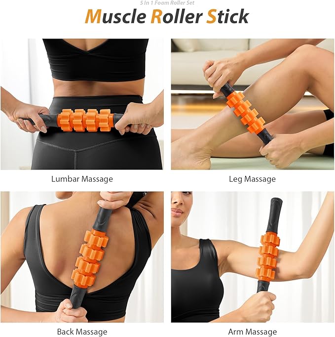 5 in 1 Foam Roller Set - Trigger Point Foam Back Roller, Muscle Roller Stick, Massage Ball, Stretching Band for Deep Muscle Massage Pilates Yoga,Fitness Exercise for Whole Body Release (Pure Orange) - Bloomnest