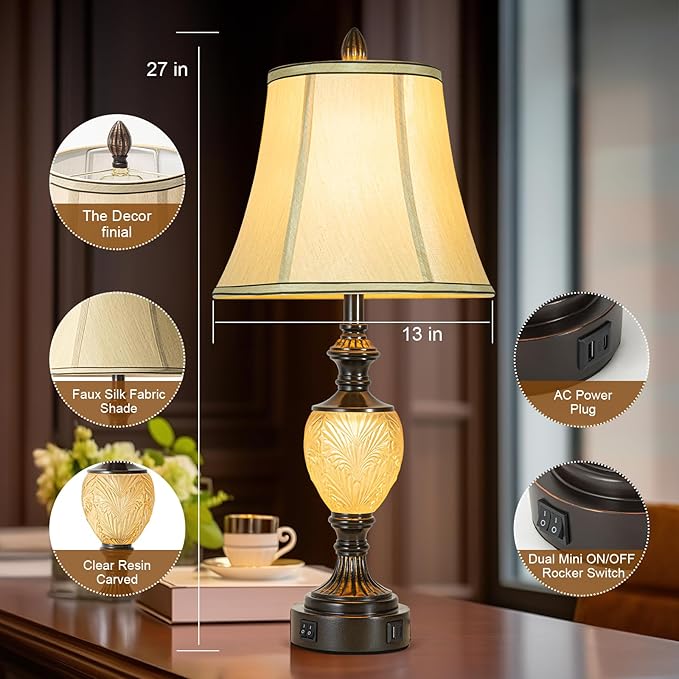 27'' High Vintage Table Lamp Set of 2 for Living Room Farmhouse Bedside Lamp with Fabric Shades Boho Nightstand Lamp with USB and Nightlight for Bedroom Home Office Hotel Bar (Bulb Included) - Bloomnest