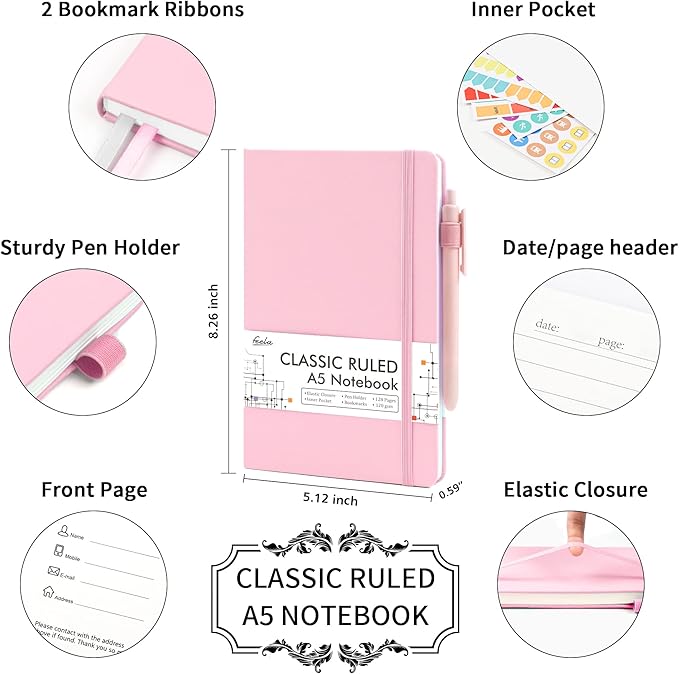 feela 12 Pack Notebooks Journals Bulk, Hardcover Notebook Classic Ruled Lined Journals with Pen Holder for Women Girls School Business Supplies, with 12 Black Pens, 120 GSM, 5.1”x8.3”, A5, Rose Pink - Bloomnest