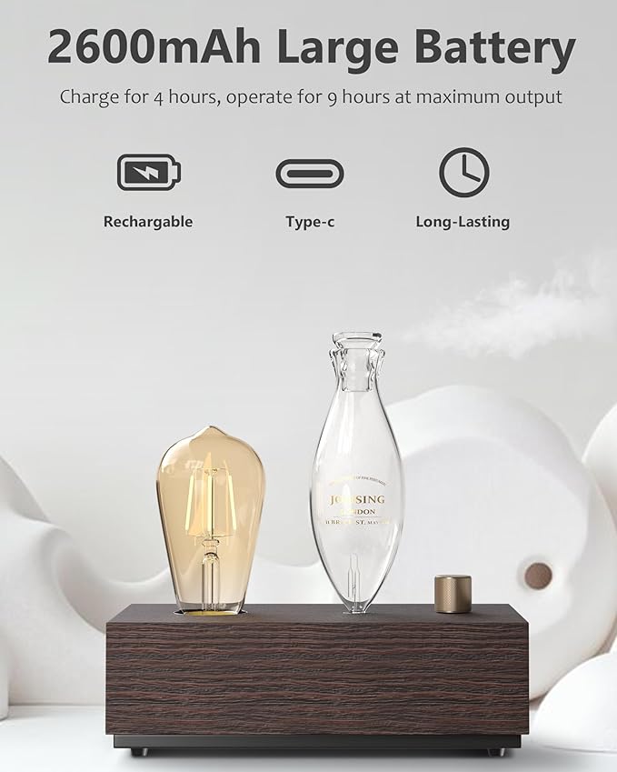 Waterless Essential Oil Diffusers with Rechargeable Battery & 9H Runtime, Aromatherapy Diffusers with Bulb, Scent Diffusers Premium Wood & Glass Nebulizer Cordless for Large Home, Hotels, Rooms - Bloomnest