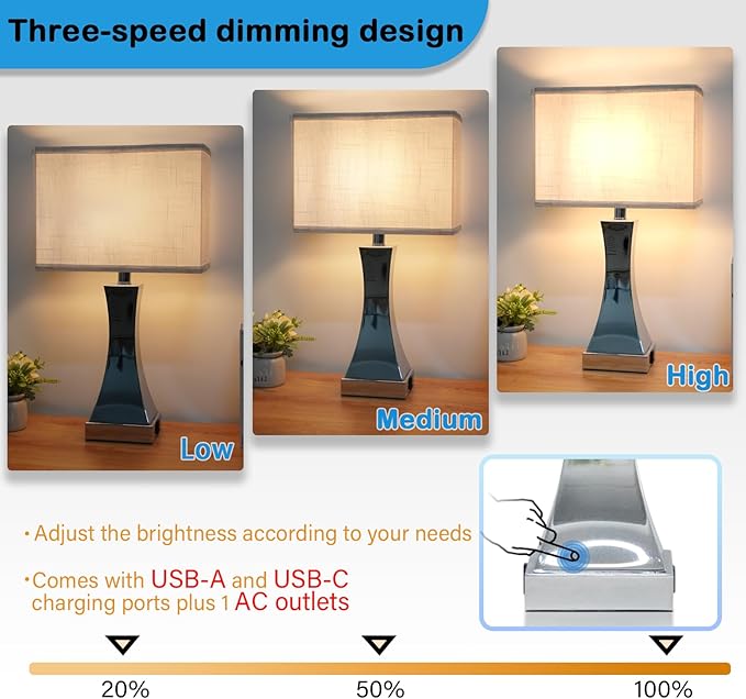 Table Lamp for Bedroom 3-Way Dimmable Touch Control Chrome Bedside Lamp with USB A+C Port & AC Outlet 21.6" Tall Nightstand Lamp for Living Room Office and Hotel Bulb Included - Bloomnest