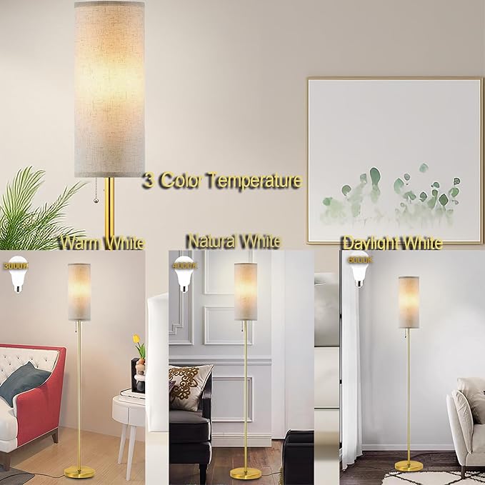 Modern Floor Lamp for Living Room, Gold Standing Lamps with 3 Color Temperatures Bulb, Minimalist Tall Lamp with Chain Switch for Bedroom, LED Bulb Included(Beige Shade+Gold) - Bloomnest