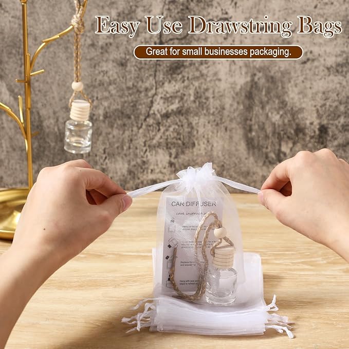 Boao 25 Sets Hanging Car Air Freshener Diffuser Bottles Empty Bulk with Car Diffuser Instruction Cards Organza Bags Glass Refillable Essential Oil Fragrance Aromatherapy Pendant (Cylindrical) - Bloomnest