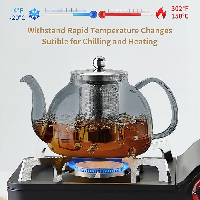 40OZ (1200ML) Glass Teapot with Infuser Stovetop Safe, Clear Glass Tea Pot Kettle, Borosilicate Tea Pot with Infusers Filter for Loose Tea, Tea Kettle Dishwasher Safe (Black) - Bloomnest