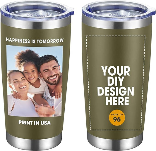 Personalized Custom Tumbler Print in USA 96 Pcs 20oz Stainless Steel Coffee Cup with Lid & Straw Double Wall Insulated Tumbler with Colorful Text Logo Photo - Bloomnest