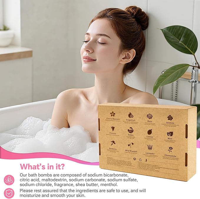 Bath Bombs for Women, 12 PCS Bath Set, Natural Bubble Bathbombs with Shea Butter, Dry Skin Moisturizing, Present for Christmas, Birthday, Valentine’s Day for Mom, Wife, Her, Girls - Bloomnest