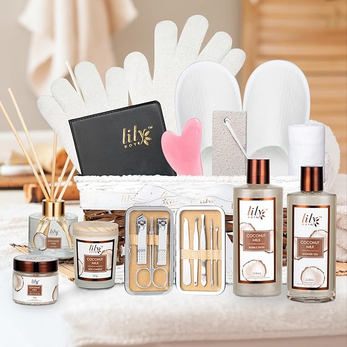 Valentines Day Gifts Coconut Vanilla Spa Gift Set for Women - Luxurious 28Piece Body Care Collection, Bath & Body Basket Gift Set for Mothers Day, Birthday, Christmas Gifts Self Care Gift