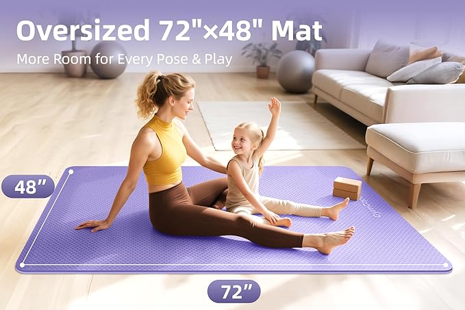 Thick TPE Yoga Mat 72"x48" - 6/8/10/12mm Extra Cushion for Joint Support & Comfort, Non-Slip Texture, Durable & Waterproof, Includes Bag, Strap & Towel for Home Workout, Pilates & Yoga