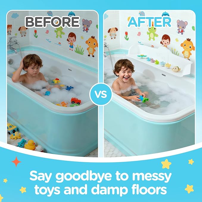 3FT Dolphin Pattern Bathtub Splash Guard Play Shelf for the Wide &Straight Bathtub Edge Toy Tray Caddy Holder Storage Suction Cups Attach to Bath Tub No Mess Water Spill in Bathroom (White) - Bloomnest