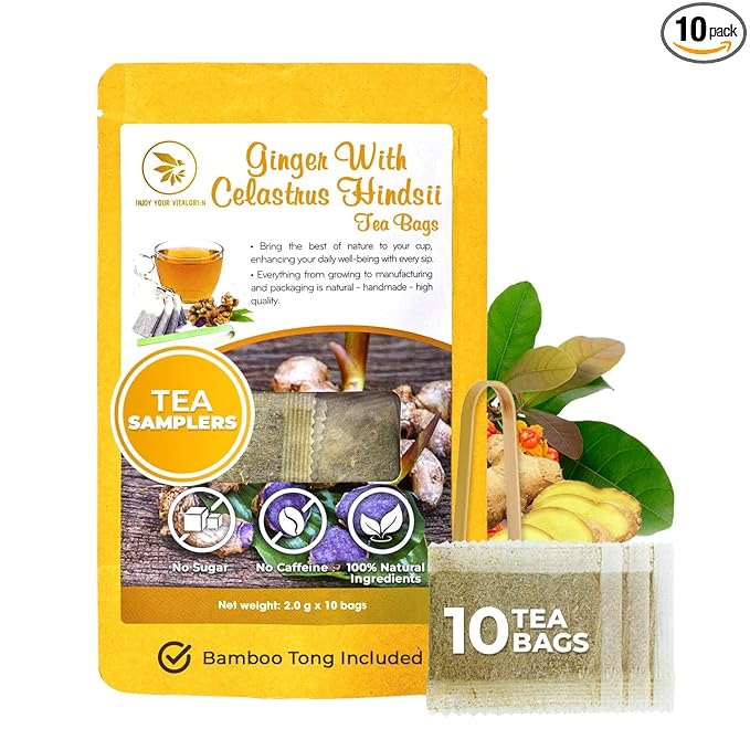 Pure Ginger Tea Samplers with Celastrus Hindsii - 10 Count, Mini Tea Bags, Bamboo Tong Included, Re-Steep Herbal Tea Blend, Corn Based Bags, No Sugar Added, Natural Ginger Tea - Bloomnest