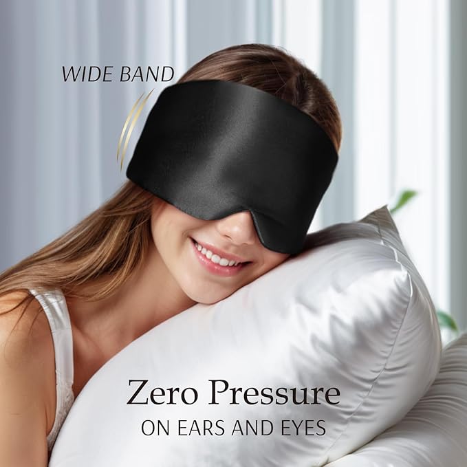 Zenssia 100% Mulberry Silk Sleep Mask Eye Mask for Man and Woman with Adjustable Headband, Full Size Large Sleep Mask & Blindfold for Total Blackout for All Night Sleep, Travel & Nap- Black - Bloomnest