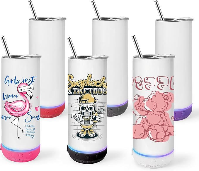 AGH 6 Pack Music Speaker Straw Lid Cup, 20oz Sublimation Skinny Stainless Steel Double Wall, Speaker Tumbler with Detachable LED Light, DIY Gifts (Multicolor) - Bloomnest