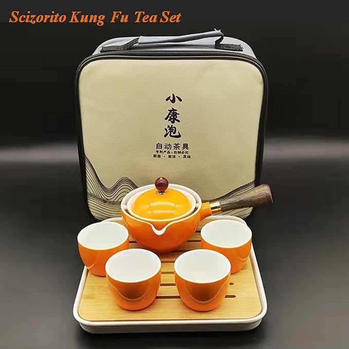 Ceramic Portable Travel Tea Set, Chinese Kungfu Tea Set with 360 Rotation Teapot and Infuser, 4 Tea Cups, Tea Tray And Travel Bag (Yellow)