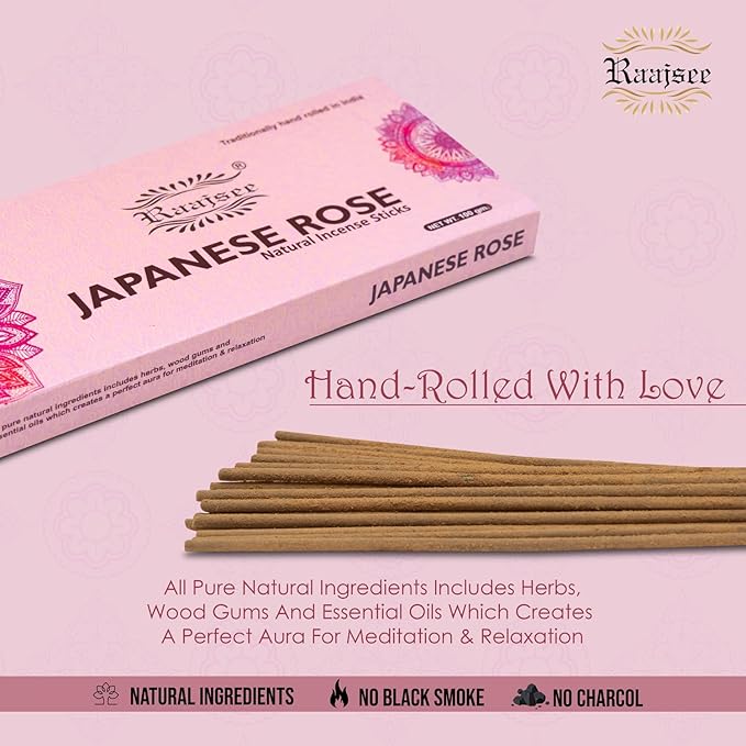 Raajsee Japanese Rose Incense Sticks 100 Gm Pack-100% Pure Organic Natural Hand Rolled Free from Chemicals-for Church,Aromatherapy,Relaxation,Meditation & Sensual Therapy RAAJSEE