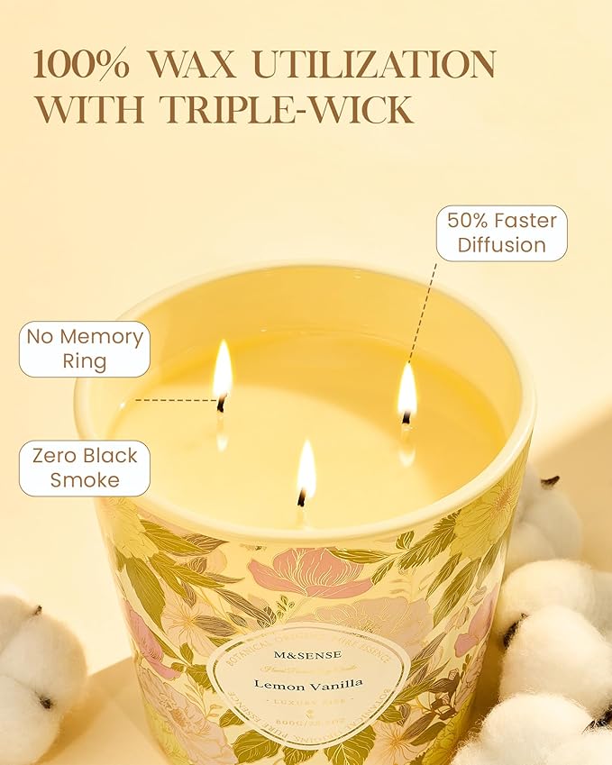 M&SENSE Lemon Vanilla Scented Candle, 28.2oz 3 Wick Natural Soy Wax Large Candles, Long Lasting Clean Slow Burning No Toxic Décor for Home Relaxation, Romantic Dates & Gift-Giving - Bloomnest