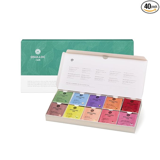OSULLOC Premium Tea Collection (40 count, 10 flavors x 4 ea), Assorted Tea bag Sampler, Tea Gift sets for Tea lover, Self Care Gift Box, Premium Organic Pure & Blended Tea from Jeju - Bloomnest